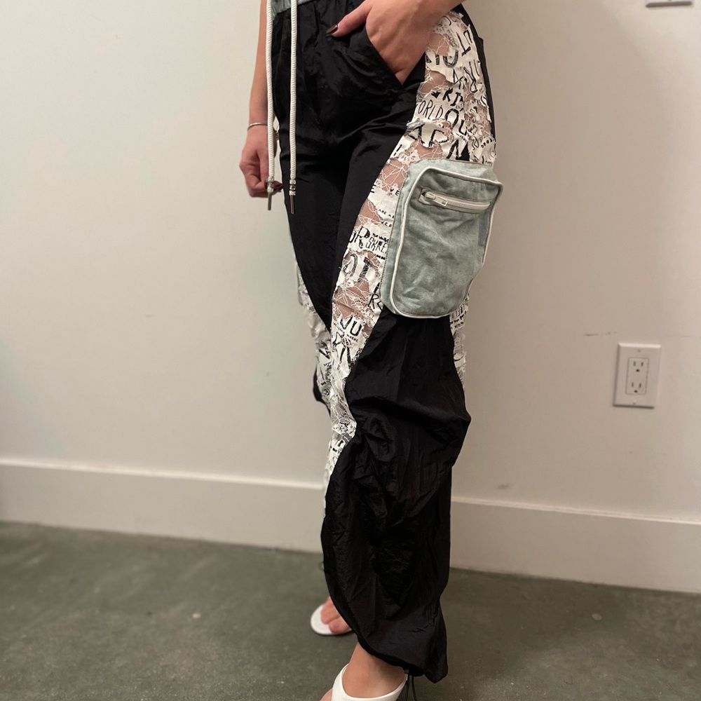 Black and White Graphic Pants with Denim Pocket